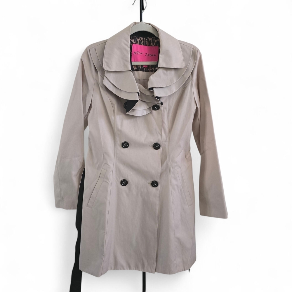 Betsey Johnson Ruffle Trench Coat Women's M Beige Belted Double Breasted Jacket - Picture 3 of 5